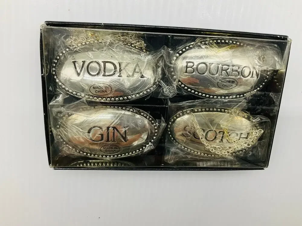 Vintage Bombay Co Silver Plated Decanter Tags Set of 4 Vodka Gin Bourbon Scotch